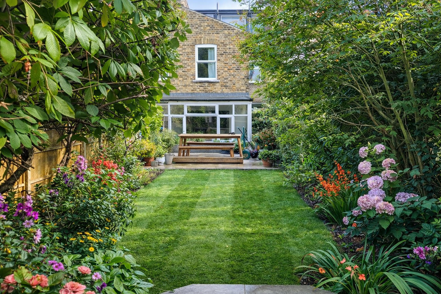 Landscaped grounds with lawn and boundary planting